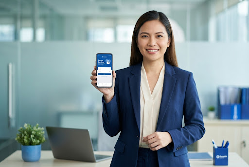 Professional woman holding smartphone with FlexiFund app